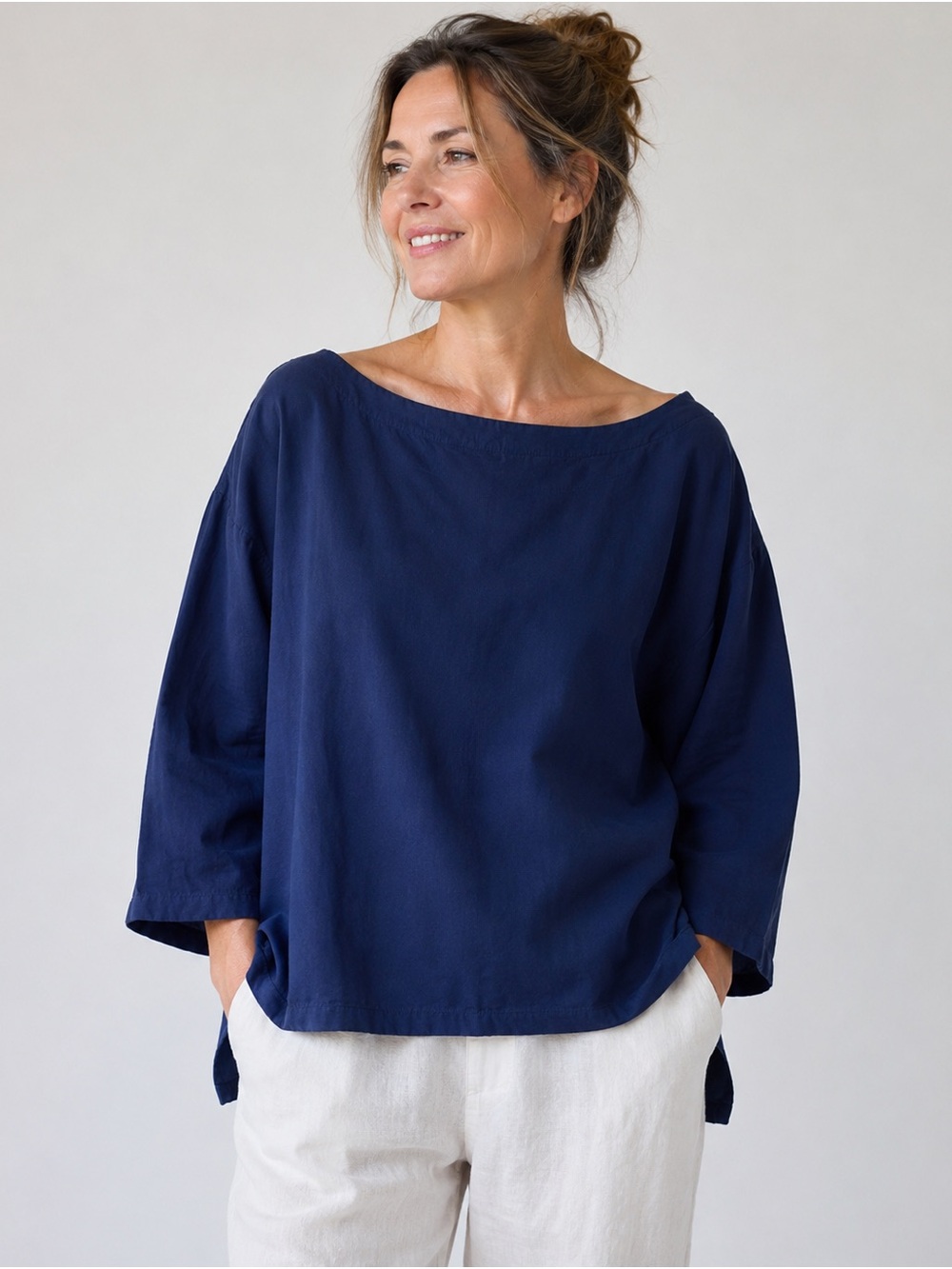 Vintage Erika Collection Navy Blue Oversized Cotton Boatneck Tunic Top Large